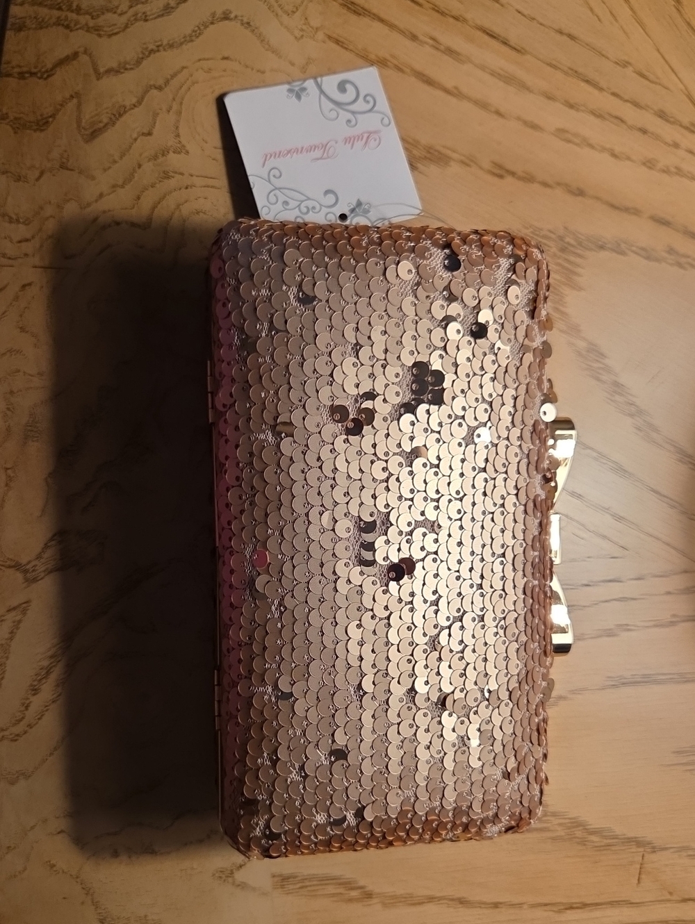 Lulu Townsend Rose Gold Sequin Bow Clutch